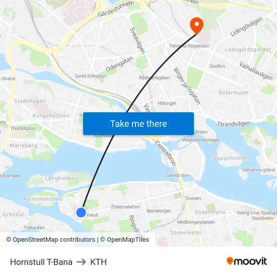 Hornstull T-Bana to KTH map