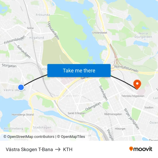 Västra Skogen T-Bana to KTH map