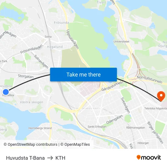 Huvudsta T-Bana to KTH map