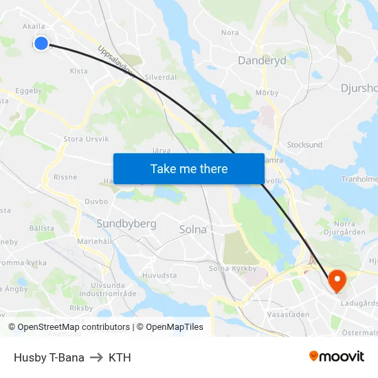 Husby T-Bana to KTH map