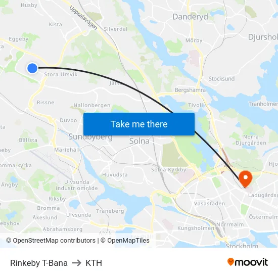 Rinkeby T-Bana to KTH map