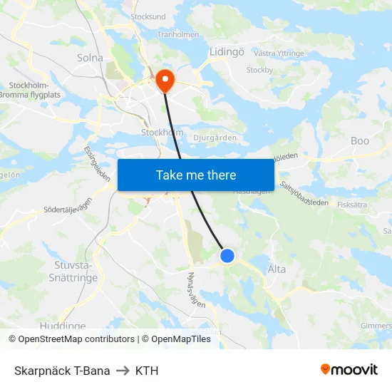 Skarpnäck T-Bana to KTH map