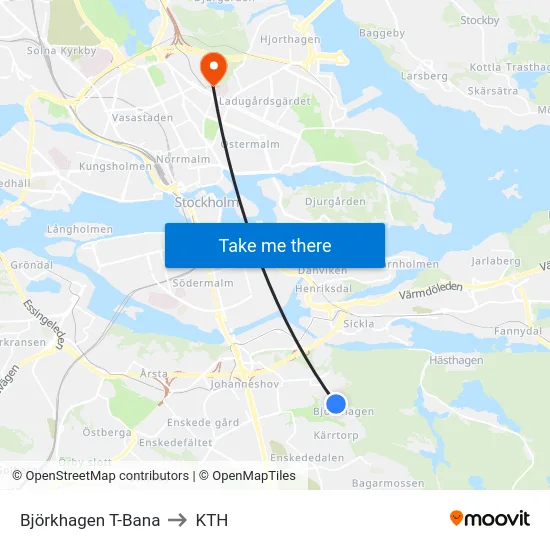 Björkhagen T-Bana to KTH map