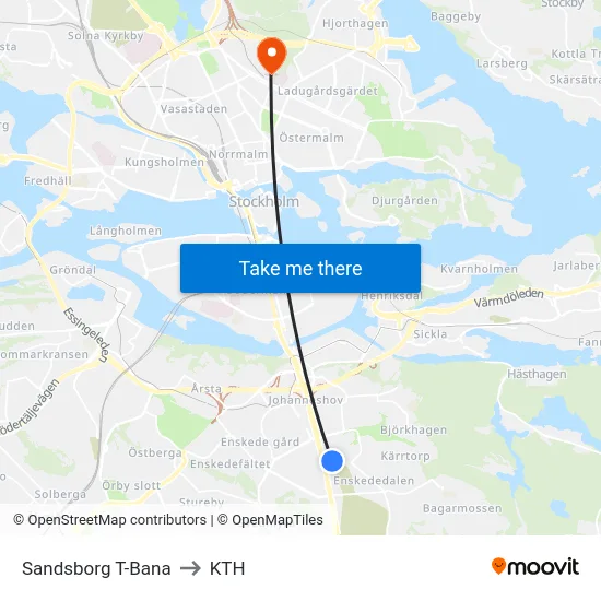 Sandsborg T-Bana to KTH map