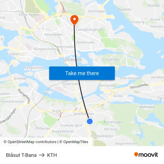 Blåsut T-Bana to KTH map