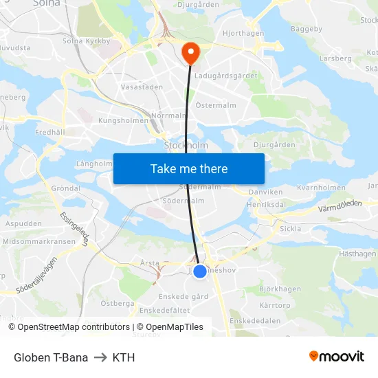 Globen T-Bana to KTH map
