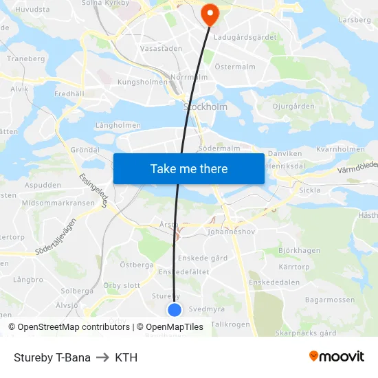 Stureby T-Bana to KTH map