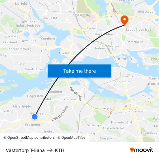 Västertorp T-Bana to KTH map