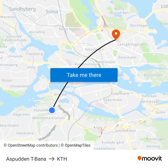 Aspudden T-Bana to KTH map
