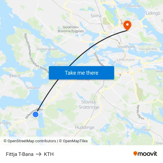 Fittja T-Bana to KTH map