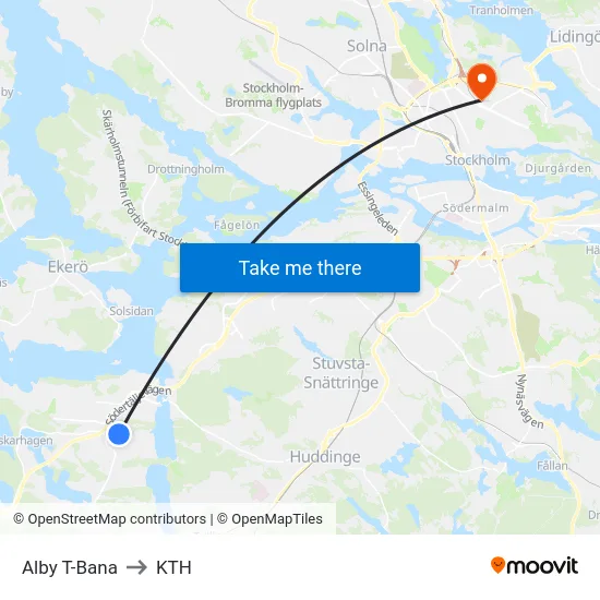 Alby T-Bana to KTH map