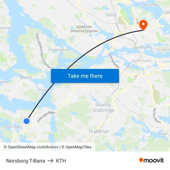 Norsborg T-Bana to KTH map