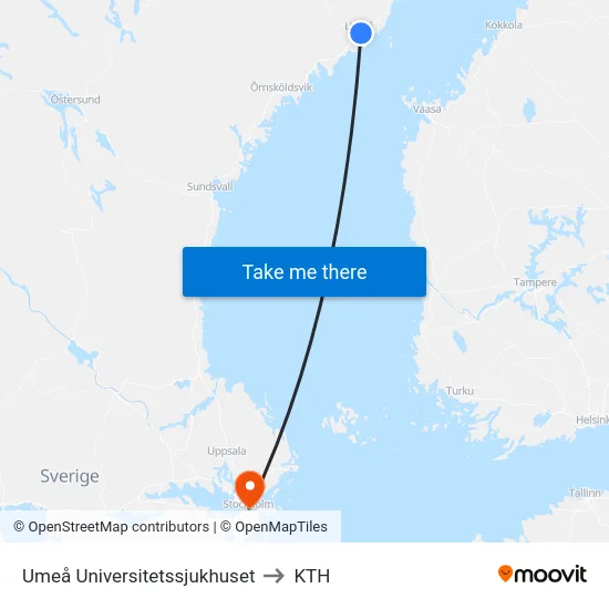 Umeå Universitetssjukhuset to KTH map