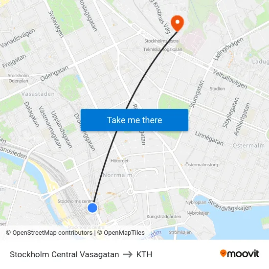 Stockholm Central Vasagatan to KTH map