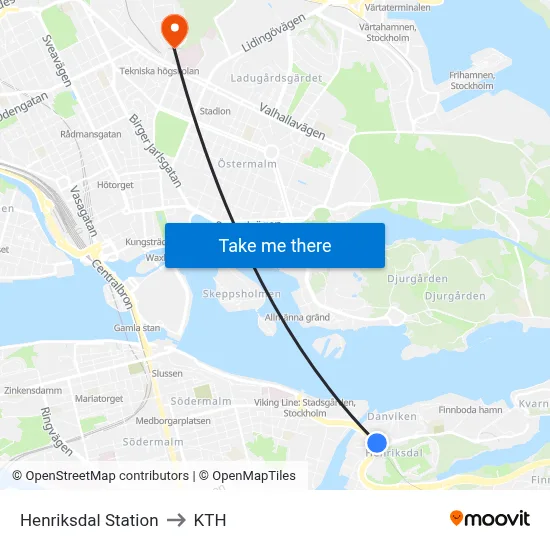 Henriksdal Station to KTH map