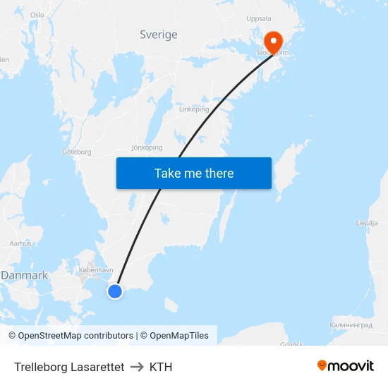 Trelleborg Lasarettet to KTH map