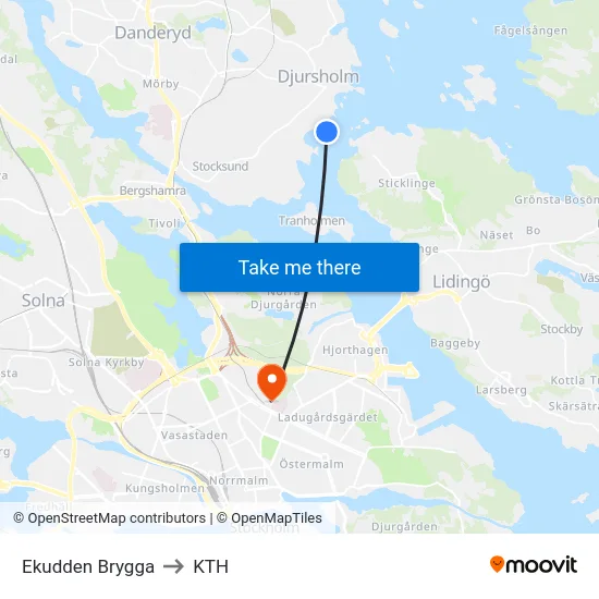 Ekudden Brygga to KTH map