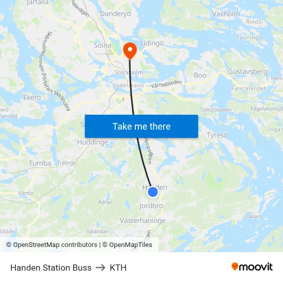 Handen Station Buss to KTH map