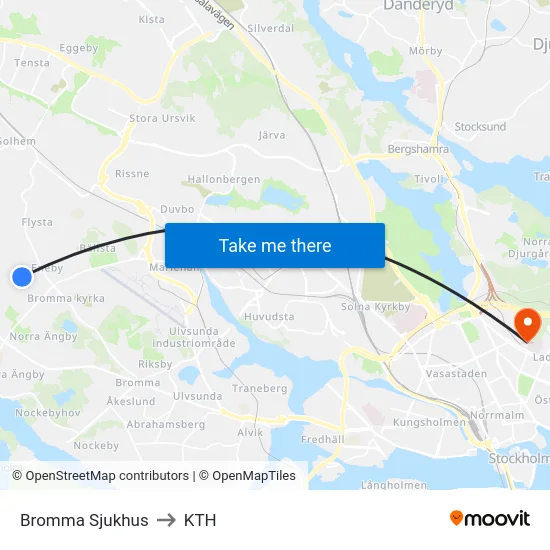 Bromma Sjukhus to KTH map