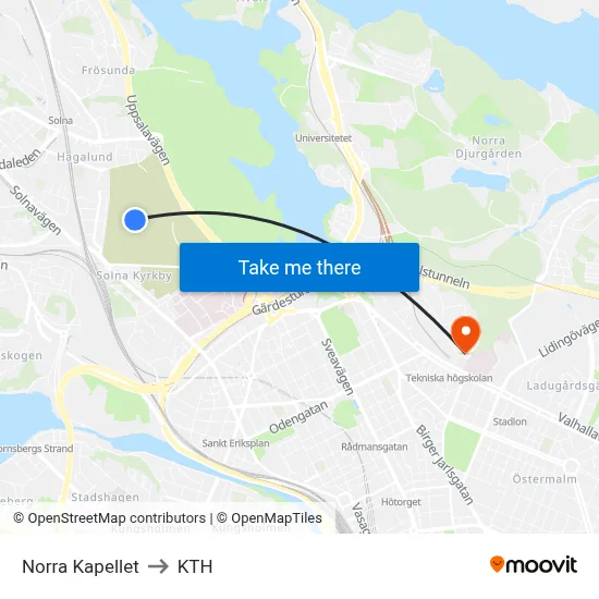 Norra Kapellet to KTH map