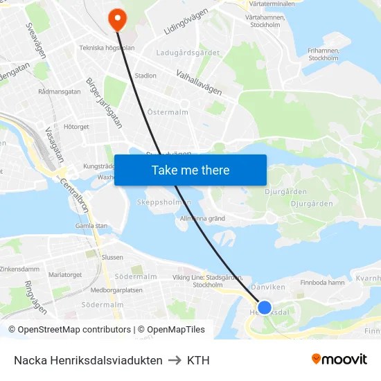 Nacka Henriksdalsviadukten to KTH map