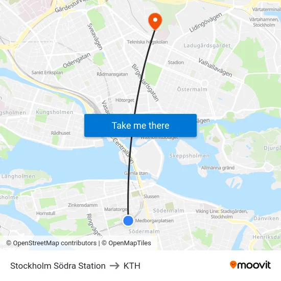 Stockholm Södra Station to KTH map