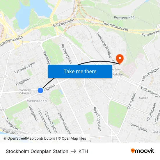 Stockholm Odenplan Station to KTH map