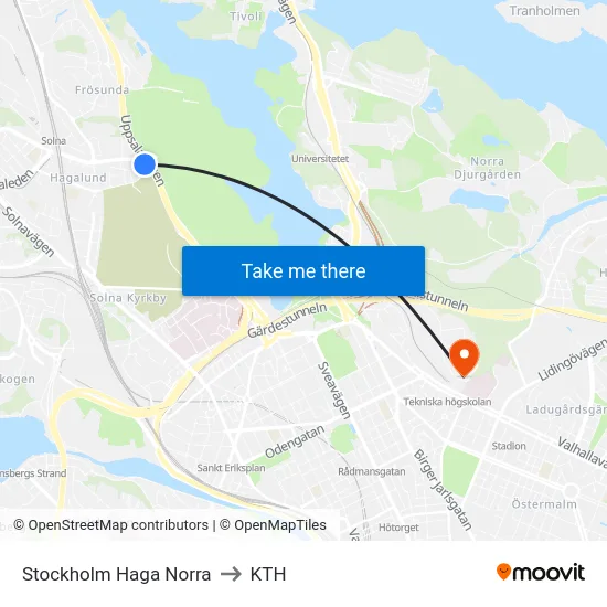 Stockholm Haga Norra to KTH map