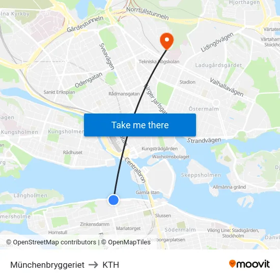 Münchenbryggeriet to KTH map