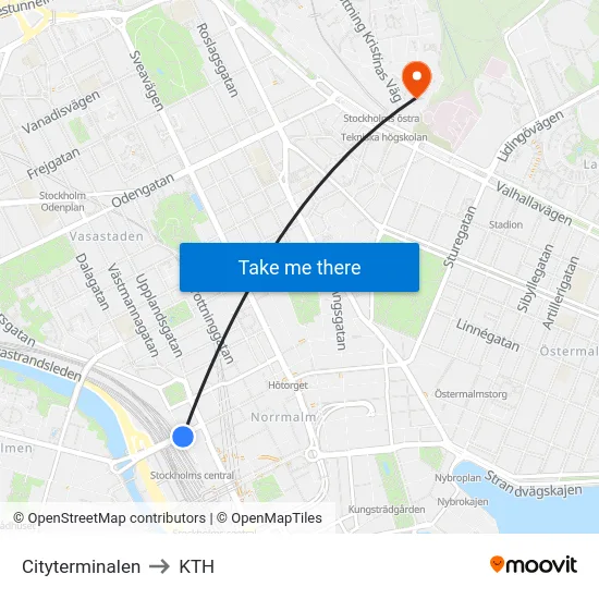 Cityterminalen to KTH map