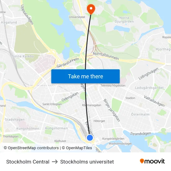 Stockholm Central to Stockholms universitet map