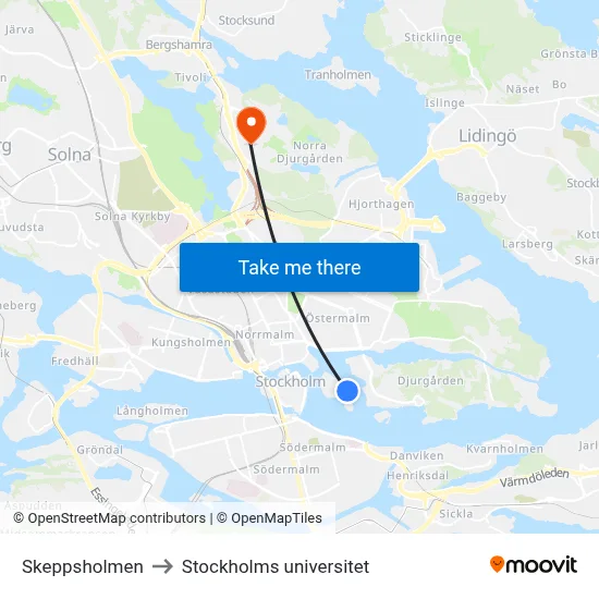 Skeppsholmen to Stockholms universitet map