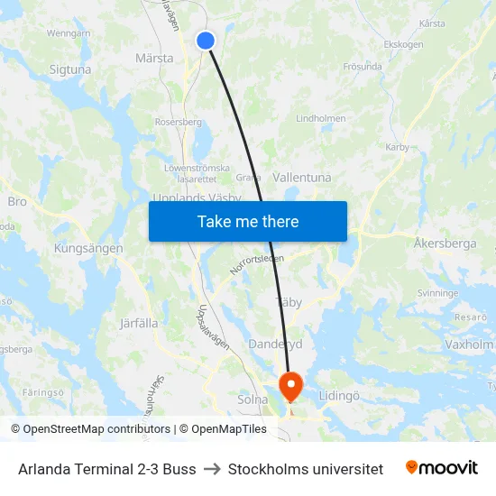 Arlanda Terminal 2-3 Buss to Stockholms universitet map