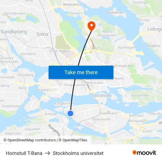 Hornstull T-Bana to Stockholms universitet map