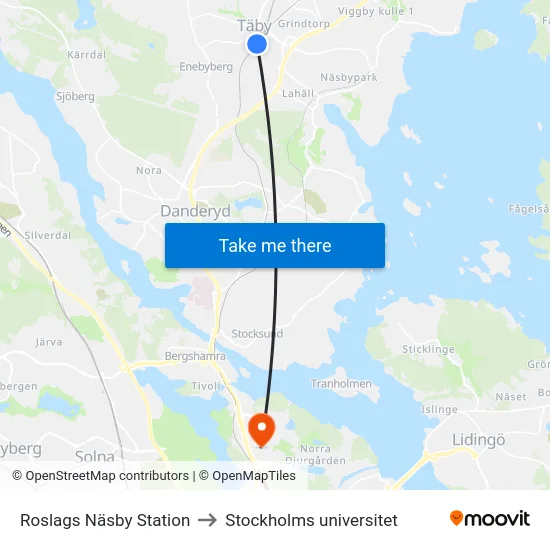 Roslags Näsby Station to Stockholms universitet map