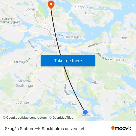 Skogås Station to Stockholms universitet map