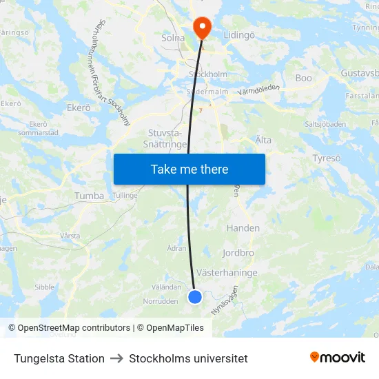 Tungelsta Station to Stockholms universitet map