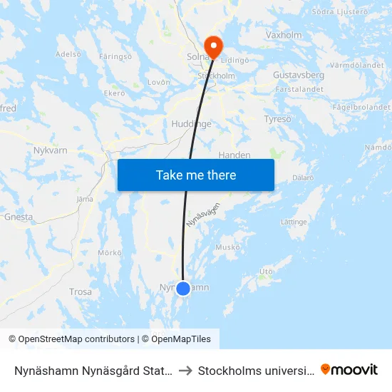 Nynäshamn Nynäsgård Station to Stockholms universitet map