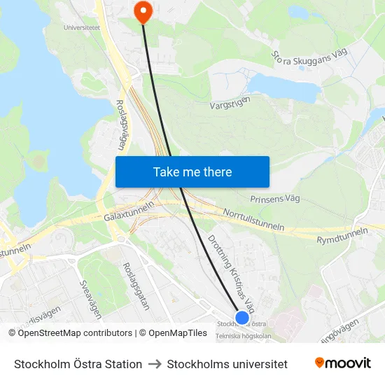 Stockholm Östra Station to Stockholms universitet map