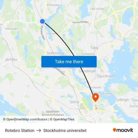 Rotebro Station to Stockholms universitet map
