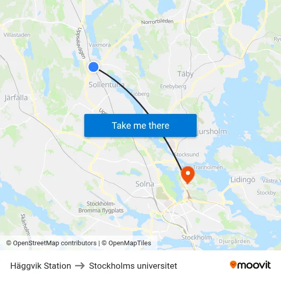 Häggvik Station to Stockholms universitet map