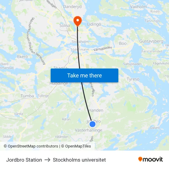 Jordbro Station to Stockholms universitet map