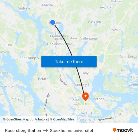 Rosersberg Station to Stockholms universitet map