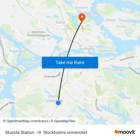 Stuvsta Station to Stockholms universitet map