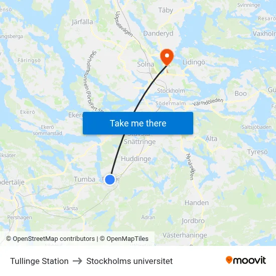 Tullinge Station to Stockholms universitet map