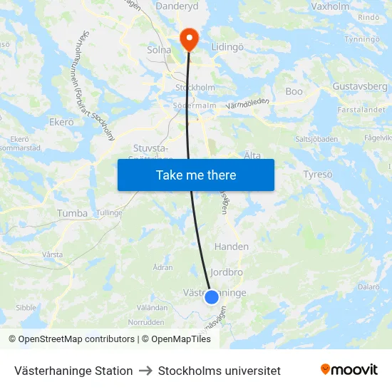 Västerhaninge Station to Stockholms universitet map