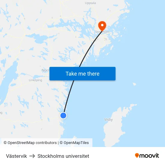 Västervik to Stockholms universitet map