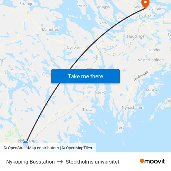 Nyköping Busstation to Stockholms universitet map