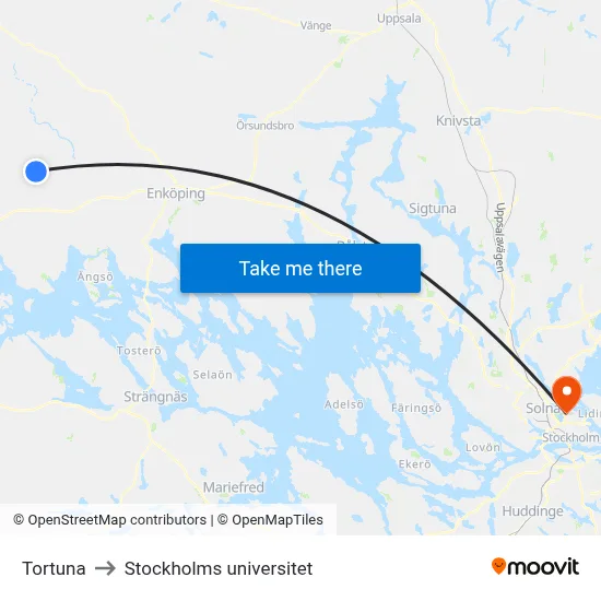 Tortuna to Stockholms universitet map