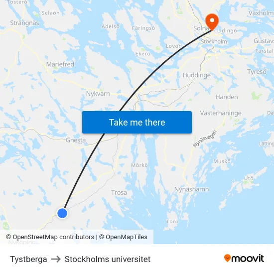 Tystberga to Stockholms universitet map